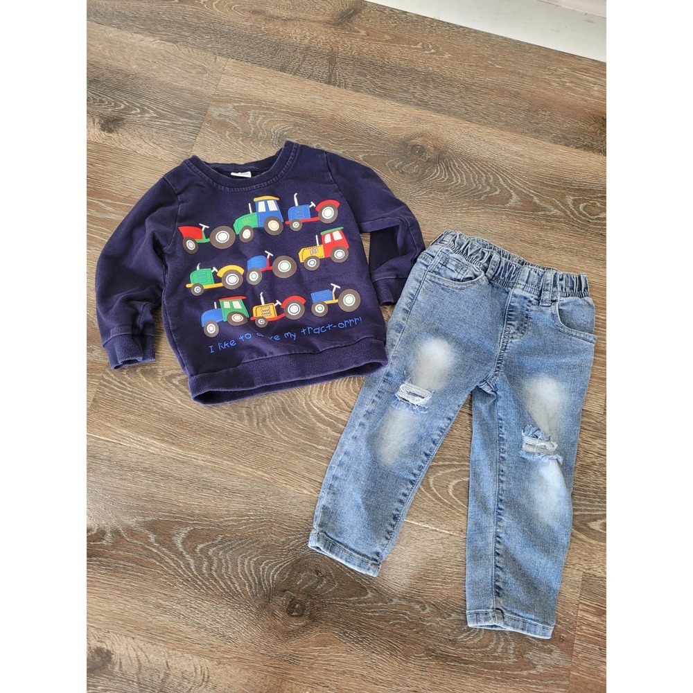 Little Bipsy Toddler‎ Boy 18-24M Tractor Sweatshirt Distressed Jeans Set #R